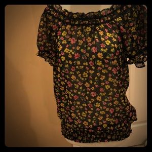 Black floral off the shoulder scrunched top